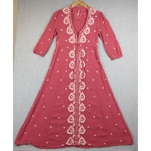 Free People Embroidered Maxi Dress Rose Pink Long Sleeve Tie Waist XS